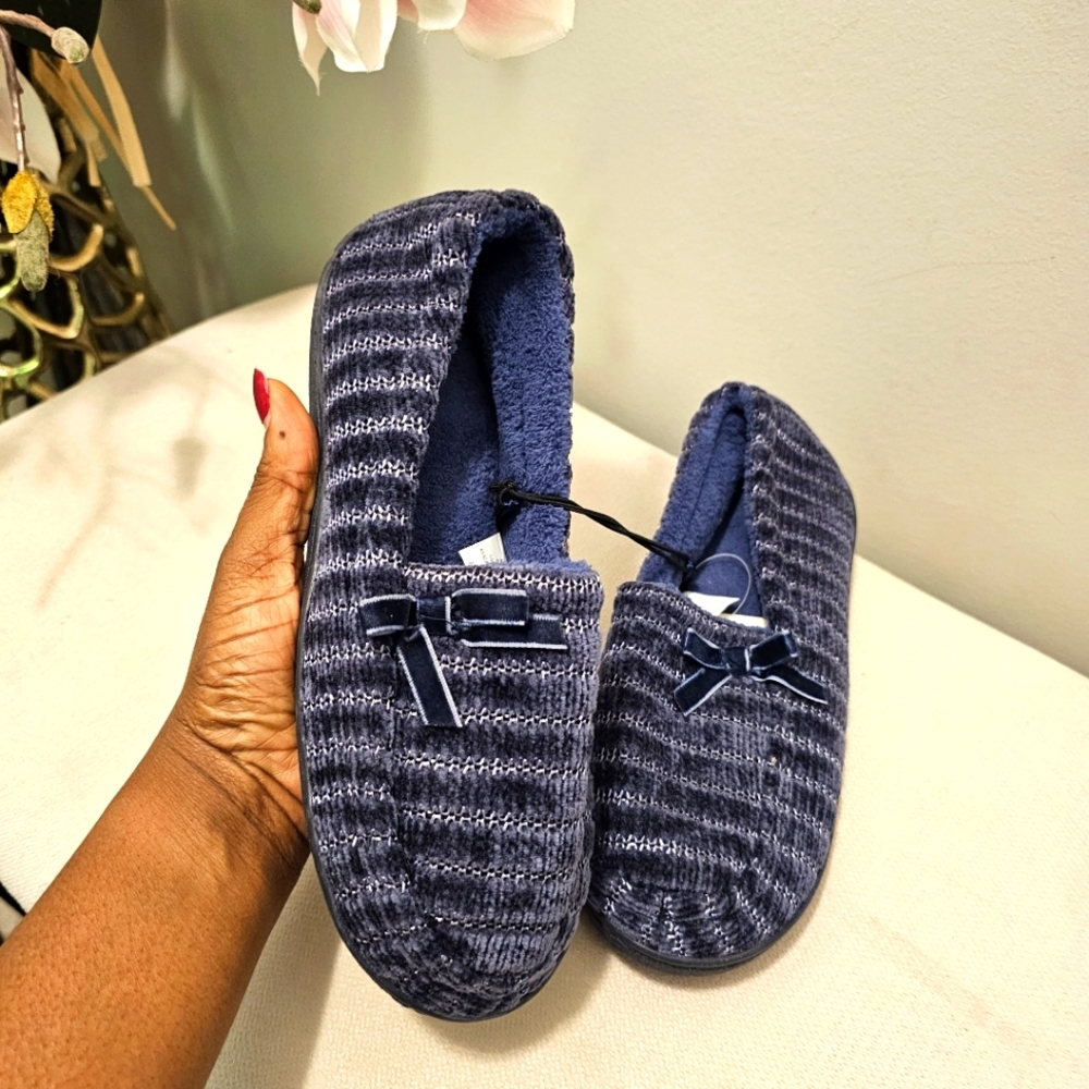 Navy Blue Velour Slippers